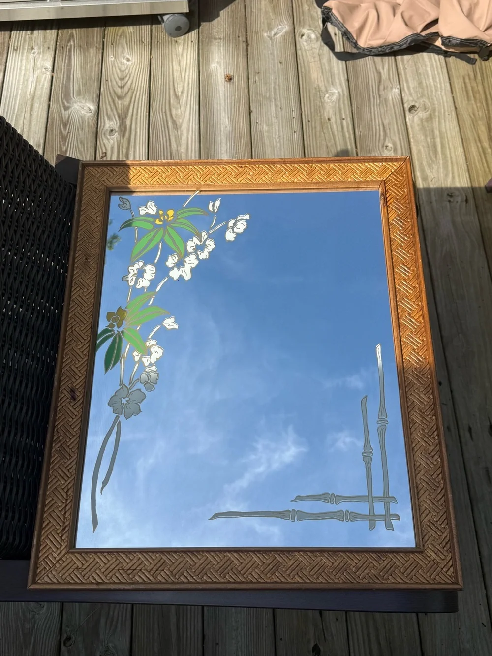 Vintage 1970’s wood Framed Floral etched glass mirror Wall Art iBrown Green